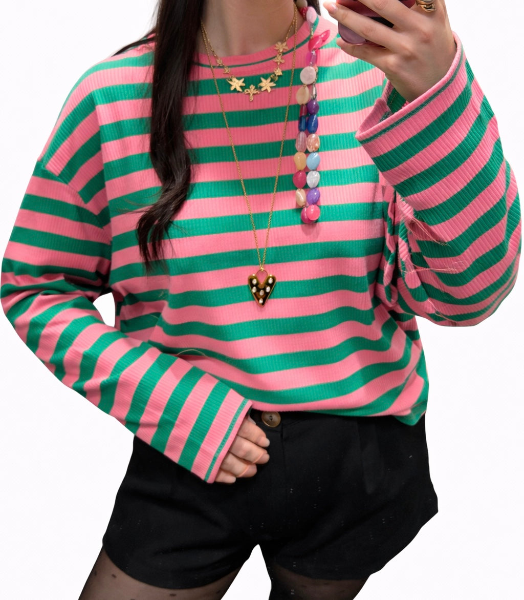 Juna gestreepte top roze/groen
