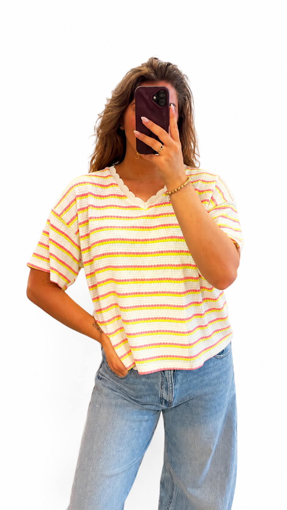 Gestreept shirt neon geel met oranje