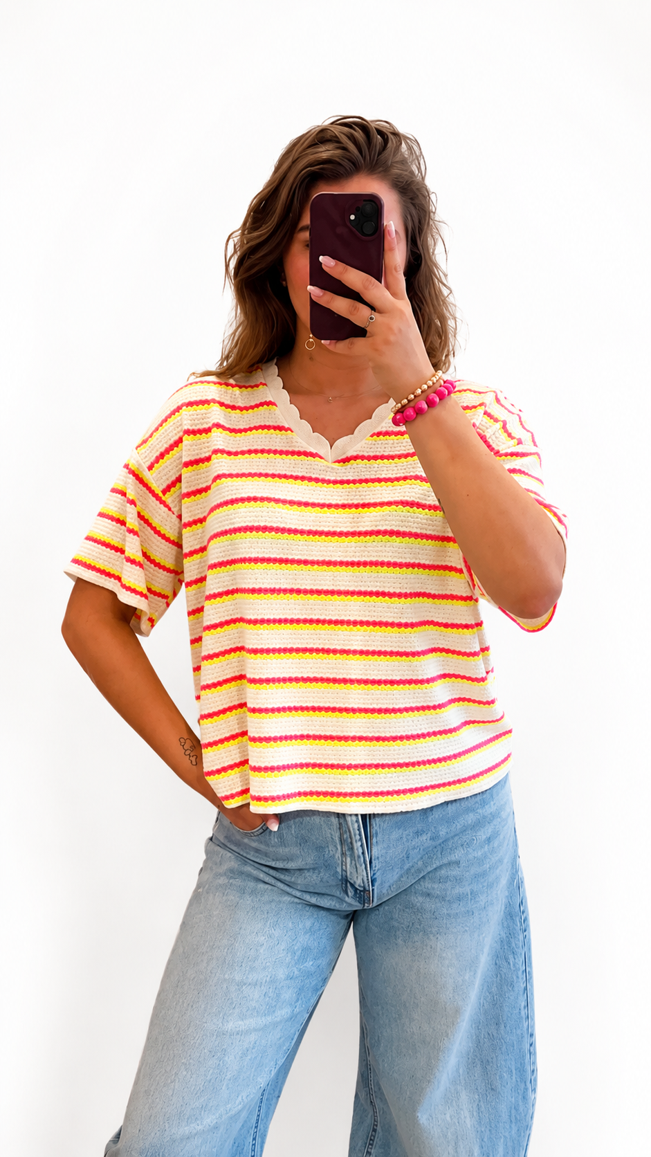 Gestreepte top neon roze/geel