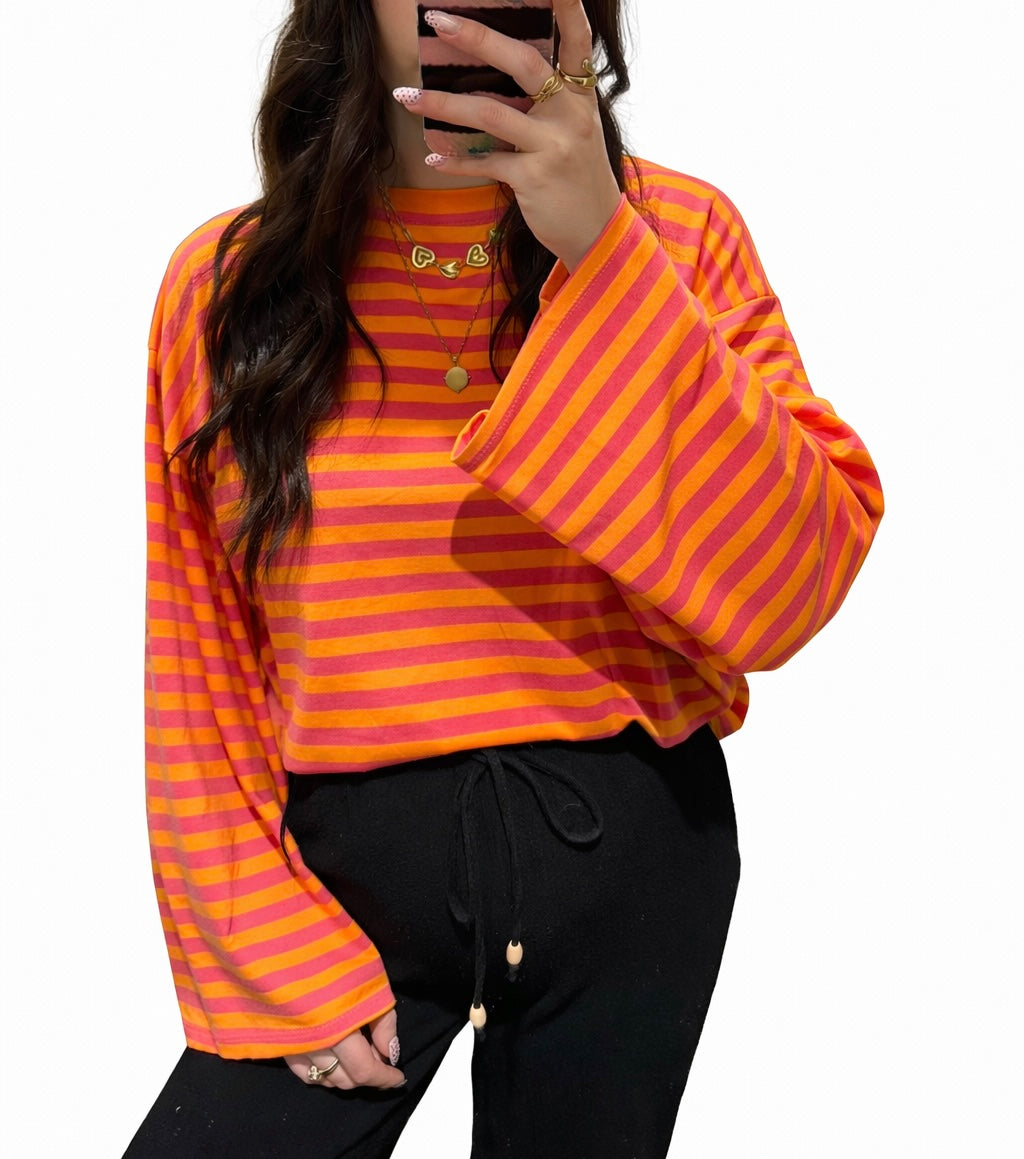 Lisa stripe longsleeve oranje/roze