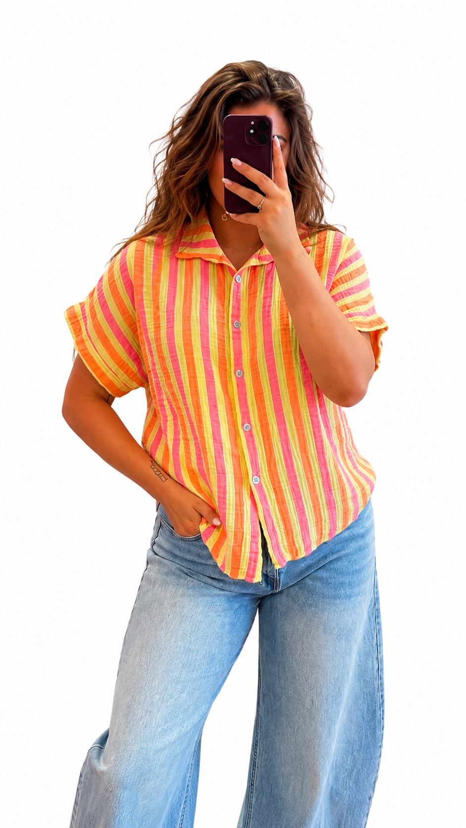Blouse gestreept geel roze oranje
