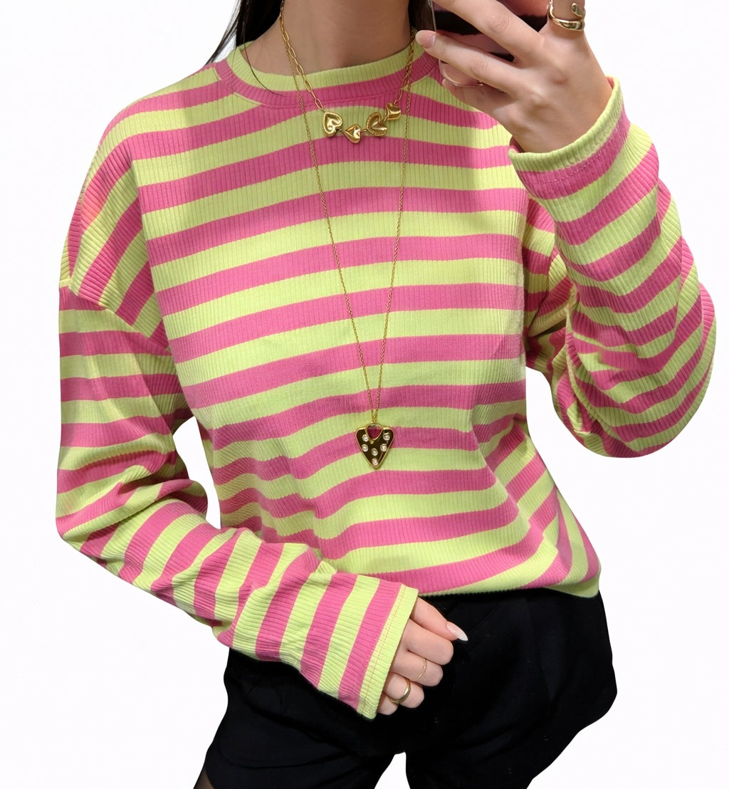 Juna gestreepte top roze/geel