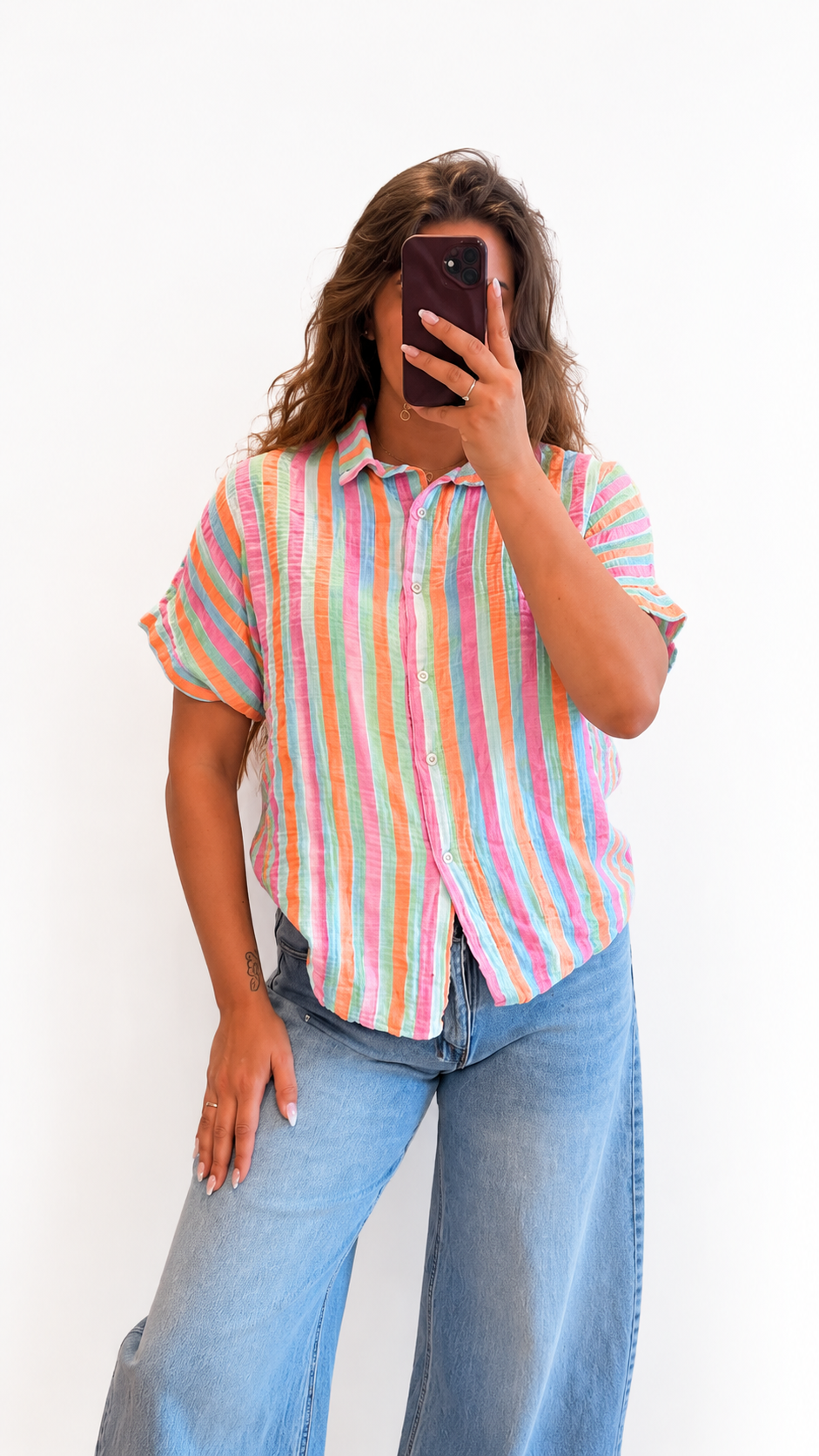 Blouse gestreept wit roze oranje